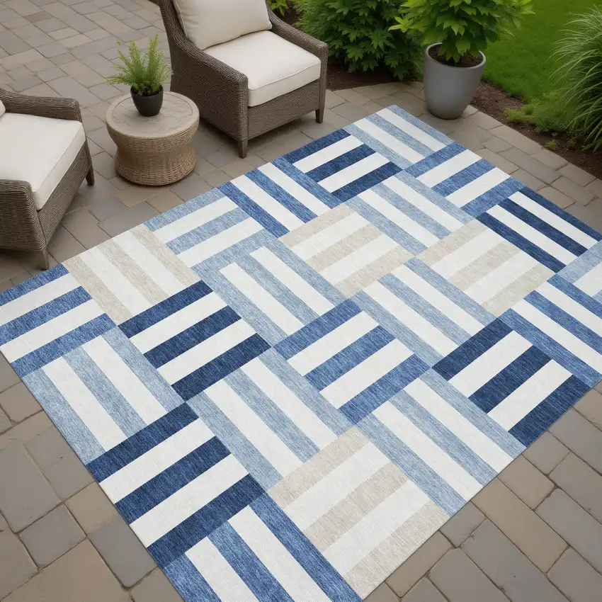 Navy Blue Ivory And Khaki Geometric Washable Indoor Outdoor Area Rug Photo 8
