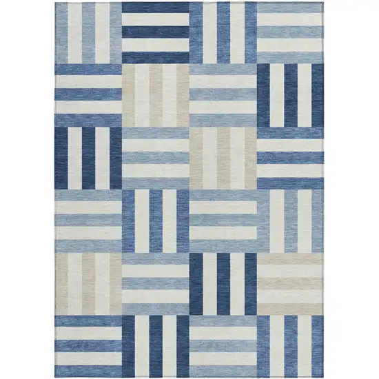 Navy Blue Ivory And Khaki Geometric Washable Indoor Outdoor Area Rug Photo 4