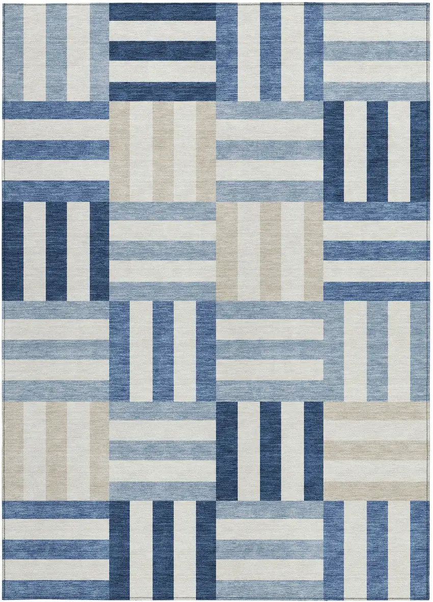 Navy Blue Ivory And Khaki Geometric Washable Indoor Outdoor Area Rug Photo 4