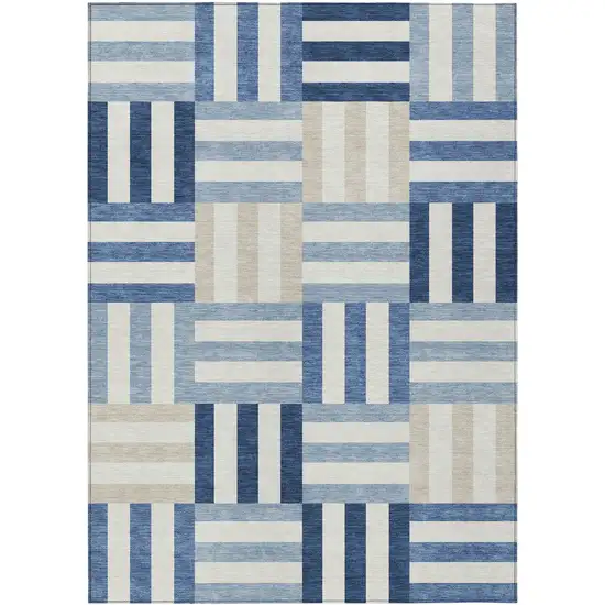 Navy Blue Ivory And Khaki Geometric Washable Indoor Outdoor Area Rug Photo 2