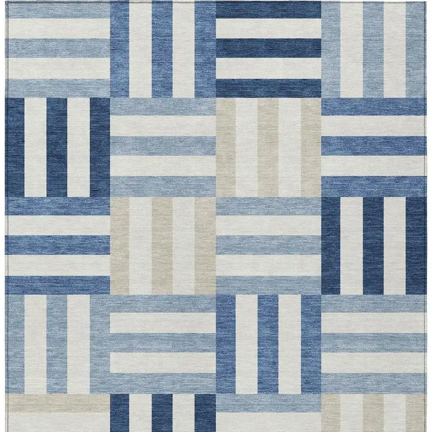Navy Blue Ivory And Khaki Geometric Washable Indoor Outdoor Area Rug Photo 7