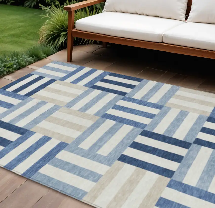 Navy Blue Ivory And Khaki Geometric Washable Indoor Outdoor Area Rug Photo 1