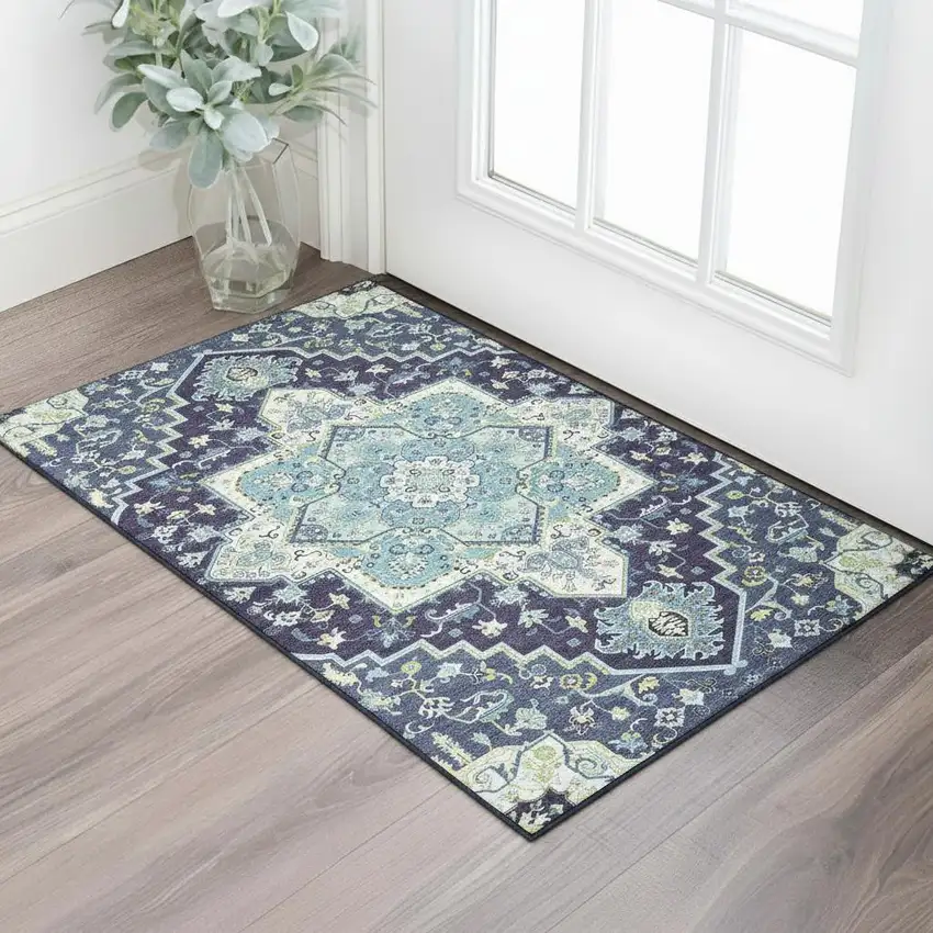 Navy Blue Ivory And Olive Green Oriental Washable Area Rug With UV Protection Photo 2