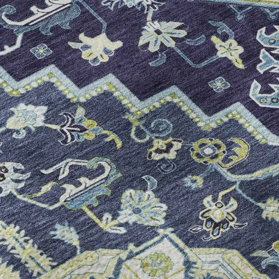 Navy Blue Ivory And Olive Green Oriental Washable Area Rug With UV Protection Photo 9