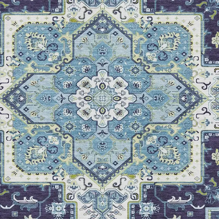 Navy Blue Ivory And Olive Green Oriental Washable Area Rug With UV Protection Photo 2