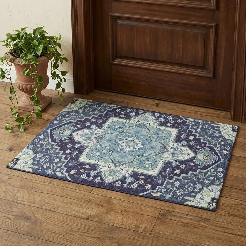 Navy Blue Ivory And Olive Green Oriental Washable Area Rug With UV Protection Photo 1