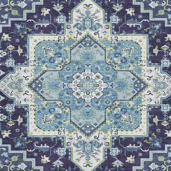 Navy Blue Ivory And Olive Green Oriental Washable Area Rug With UV Protection Photo 3