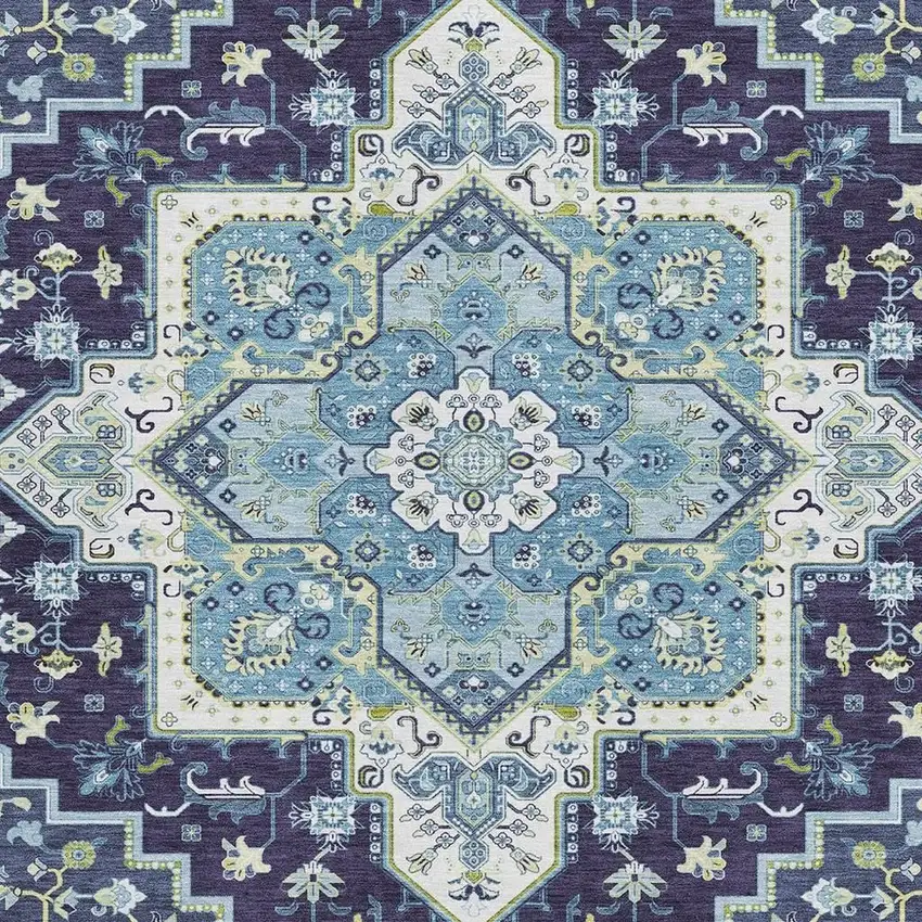 Navy Blue Ivory And Olive Green Oriental Washable Area Rug With UV Protection Photo 3