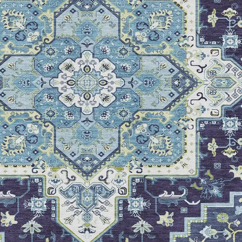 Navy Blue Ivory And Olive Green Oriental Washable Area Rug With UV Protection Photo 2