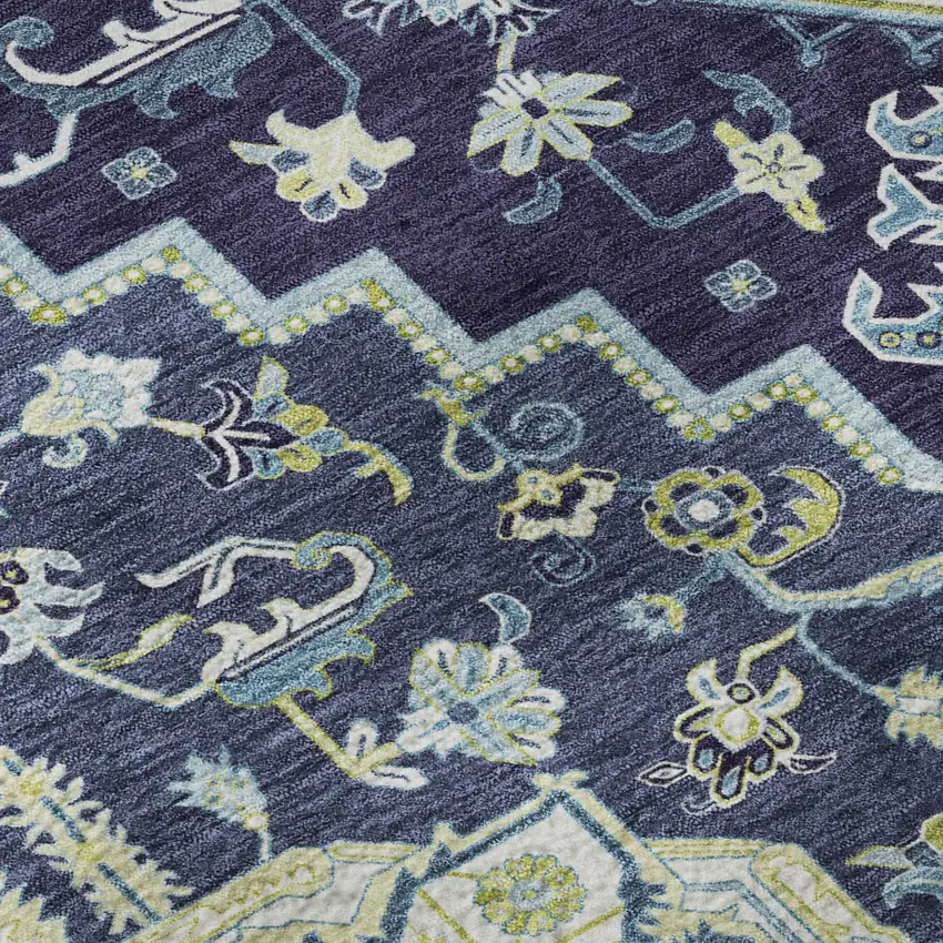 Navy Blue Ivory And Olive Green Oriental Washable Area Rug With UV Protection Photo 9