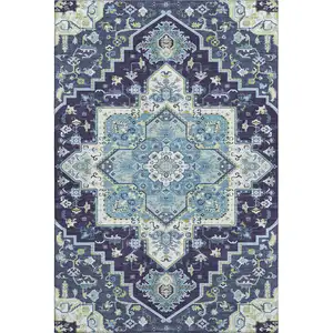 Photo of Navy Blue Ivory And Olive Green Oriental Washable Area Rug With UV Protection