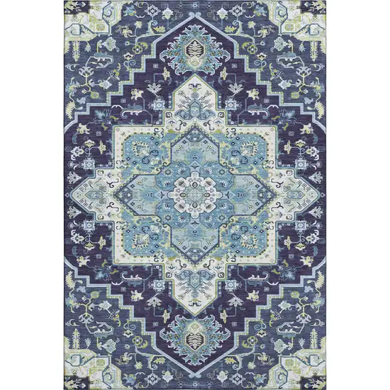 Navy Blue Ivory And Olive Green Oriental Washable Area Rug With UV Protection Photo 1