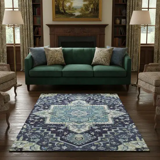 Navy Blue Ivory And Olive Green Oriental Washable Area Rug With UV Protection Photo 2