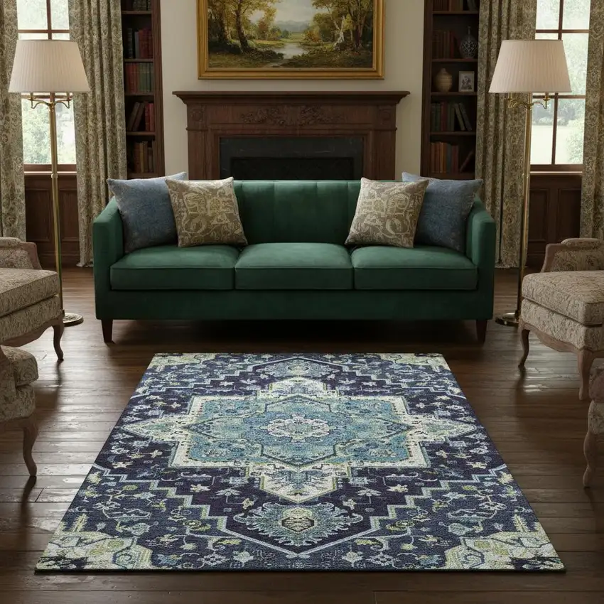 Navy Blue Ivory And Olive Green Oriental Washable Area Rug With UV Protection Photo 2