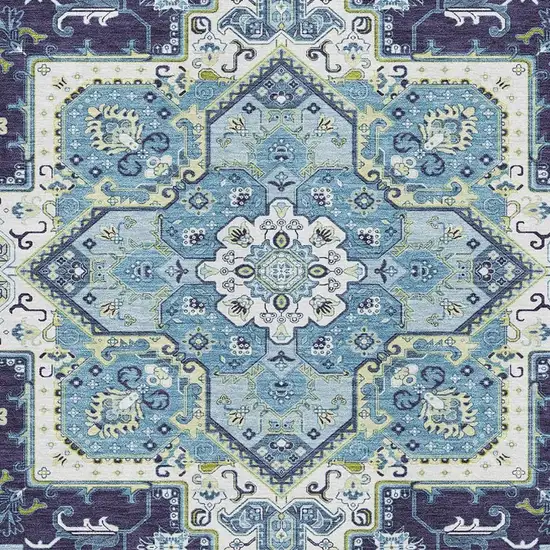 Navy Blue Ivory And Olive Green Oriental Washable Area Rug With UV Protection Photo 2