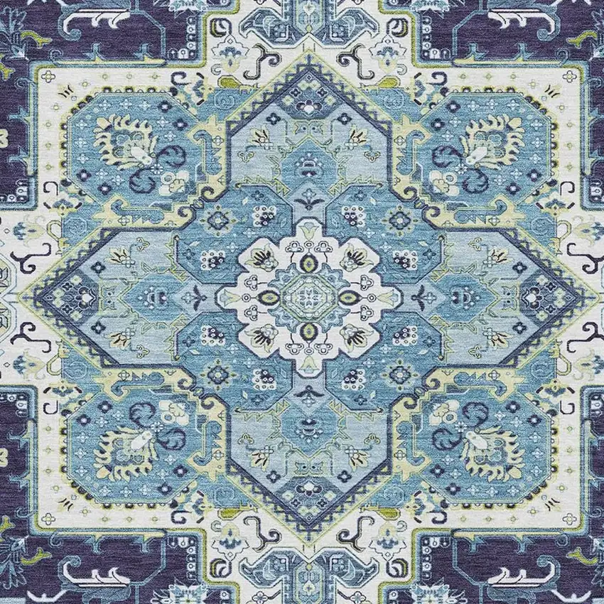 Navy Blue Ivory And Olive Green Oriental Washable Area Rug With UV Protection Photo 2