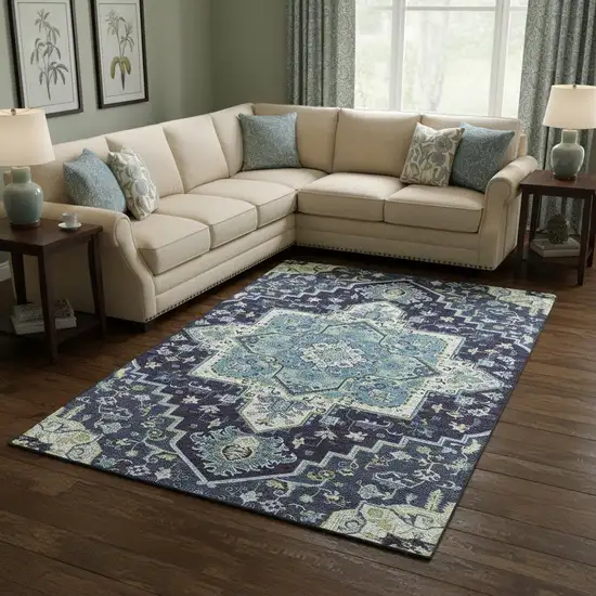 Navy Blue Ivory And Olive Green Oriental Washable Area Rug With UV Protection Photo 2