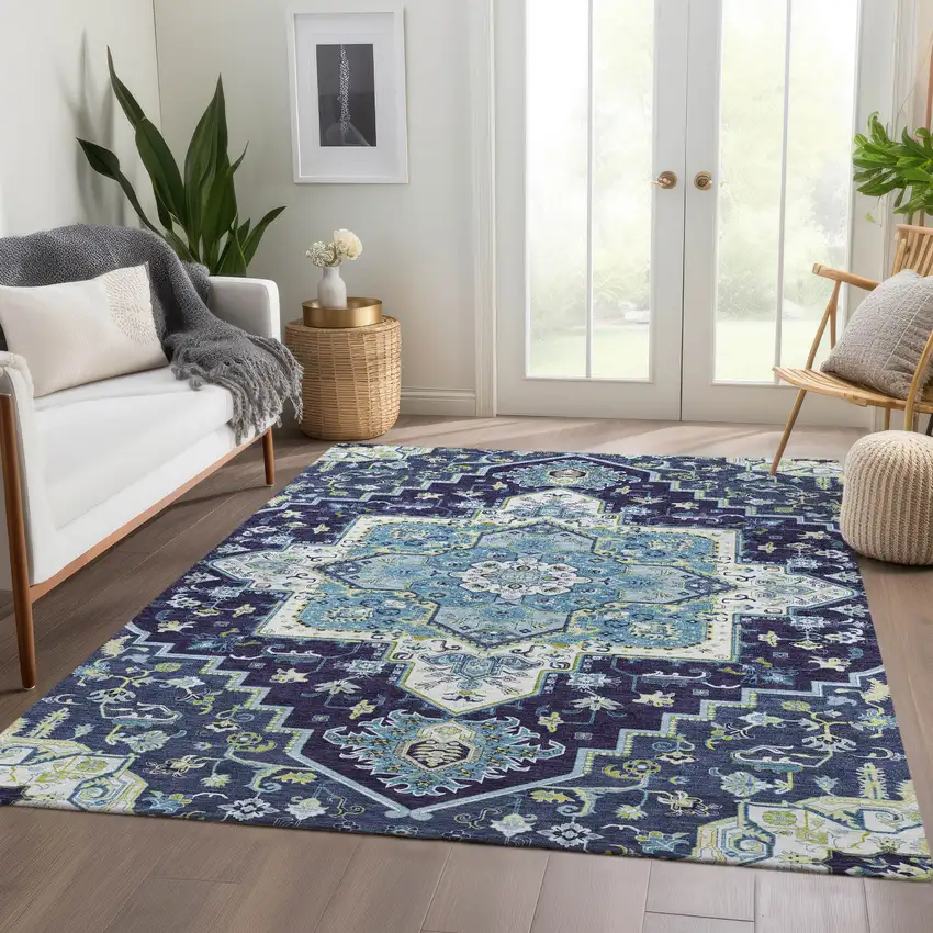 Navy Blue Ivory And Olive Green Oriental Washable Area Rug With UV Protection Photo 5