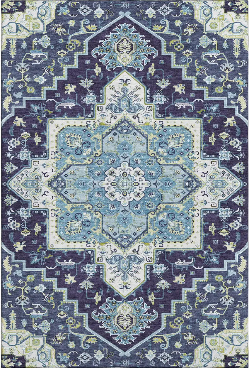 Navy Blue Ivory And Olive Green Oriental Washable Area Rug With UV Protection Photo 1