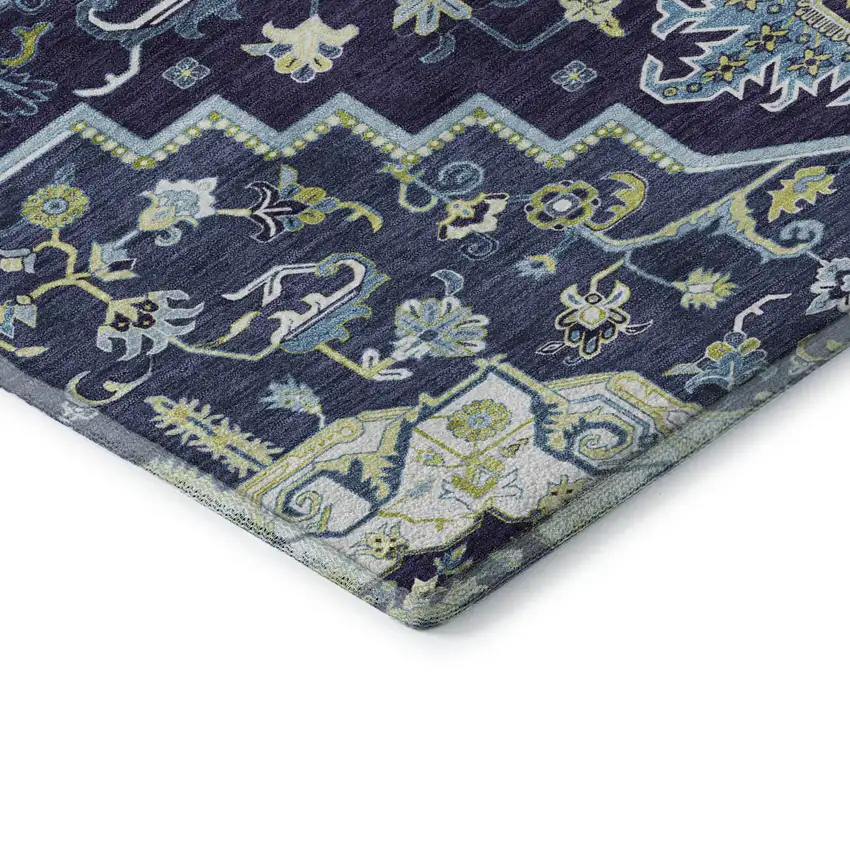 Navy Blue Ivory And Olive Green Oriental Washable Area Rug With UV Protection Photo 7