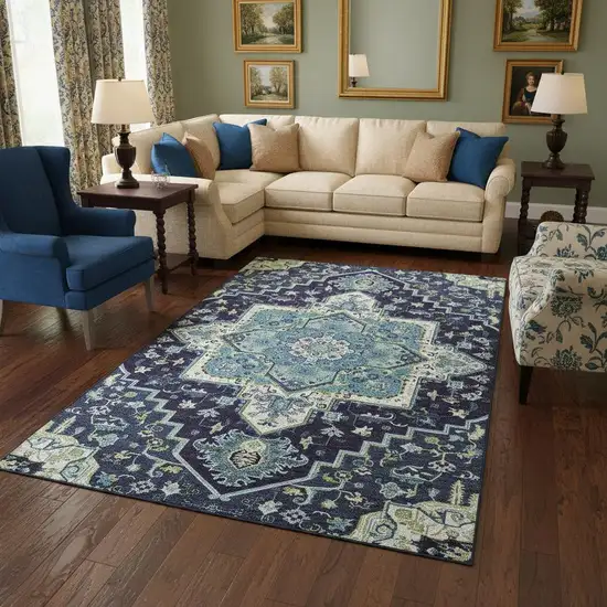 Navy Blue Ivory And Olive Green Oriental Washable Area Rug With UV Protection Photo 2