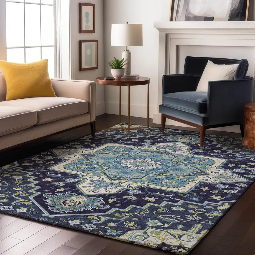 Navy Blue Ivory And Olive Green Oriental Washable Area Rug With UV Protection Photo 4