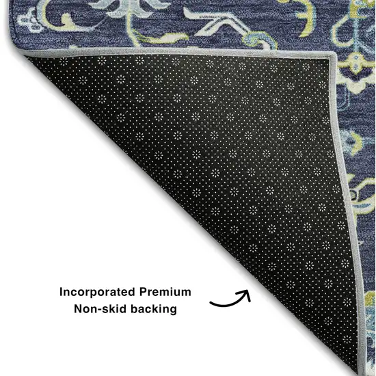 Navy Blue Ivory And Olive Green Oriental Washable Area Rug With UV Protection Photo 6