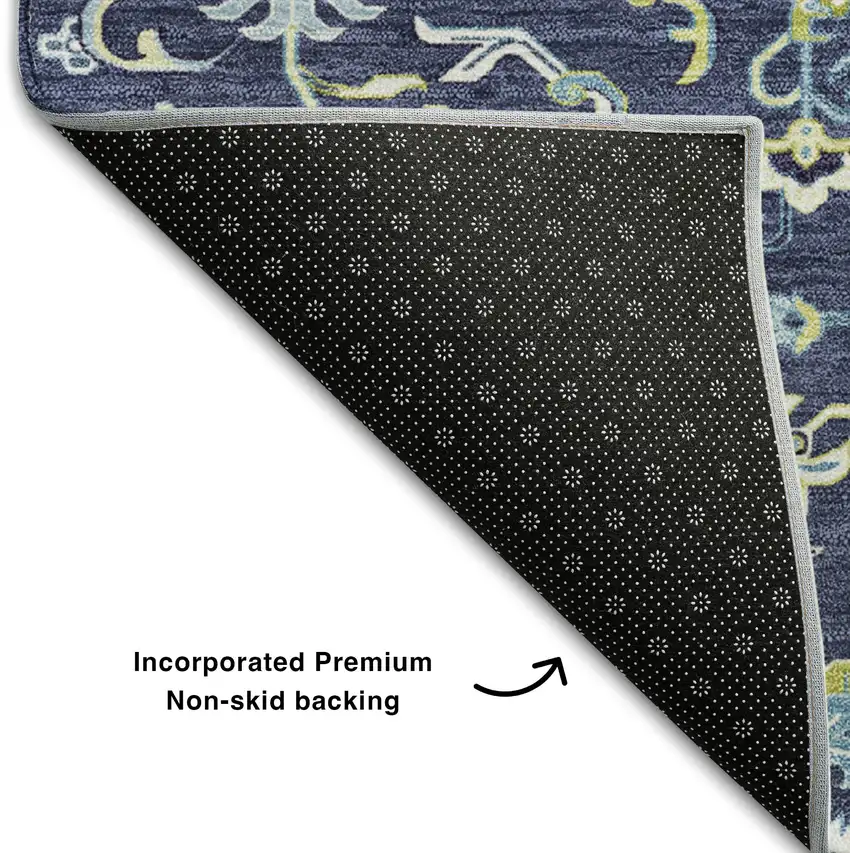 Navy Blue Ivory And Olive Green Oriental Washable Area Rug With UV Protection Photo 6