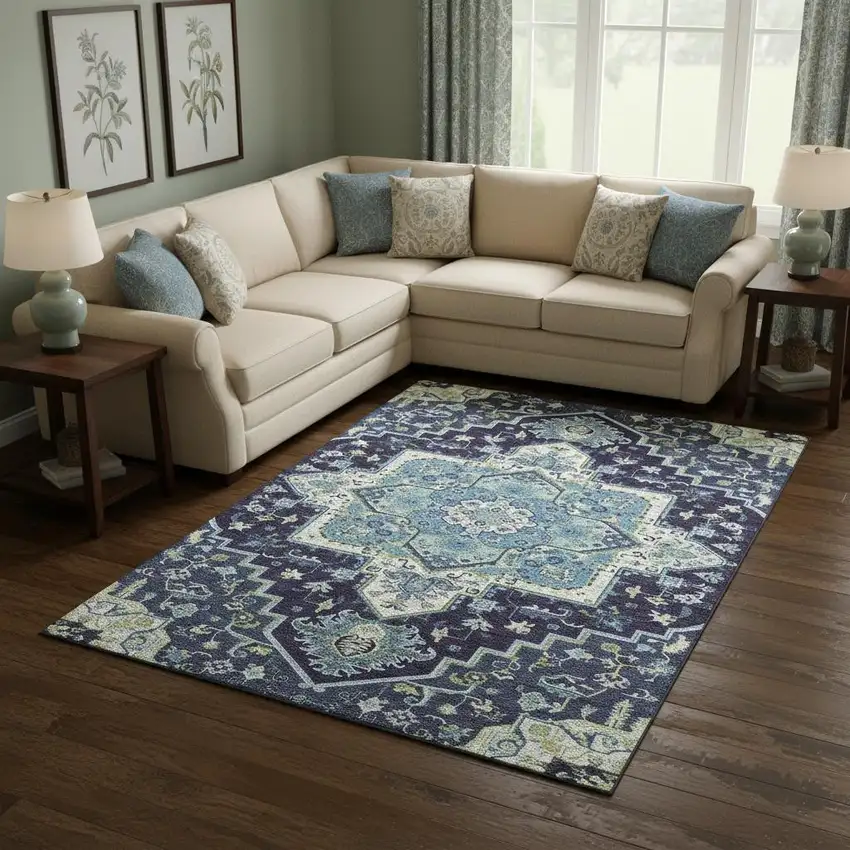 Navy Blue Ivory And Olive Green Oriental Washable Area Rug With UV Protection Photo 2