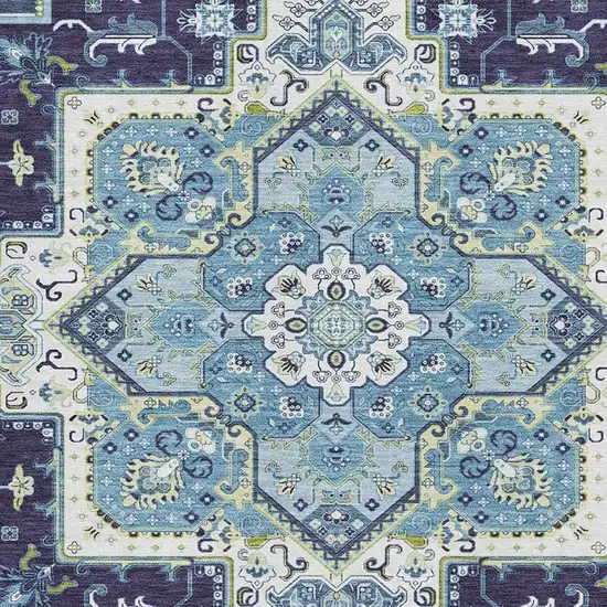 Navy Blue Ivory And Olive Green Oriental Washable Area Rug With UV Protection Photo 2