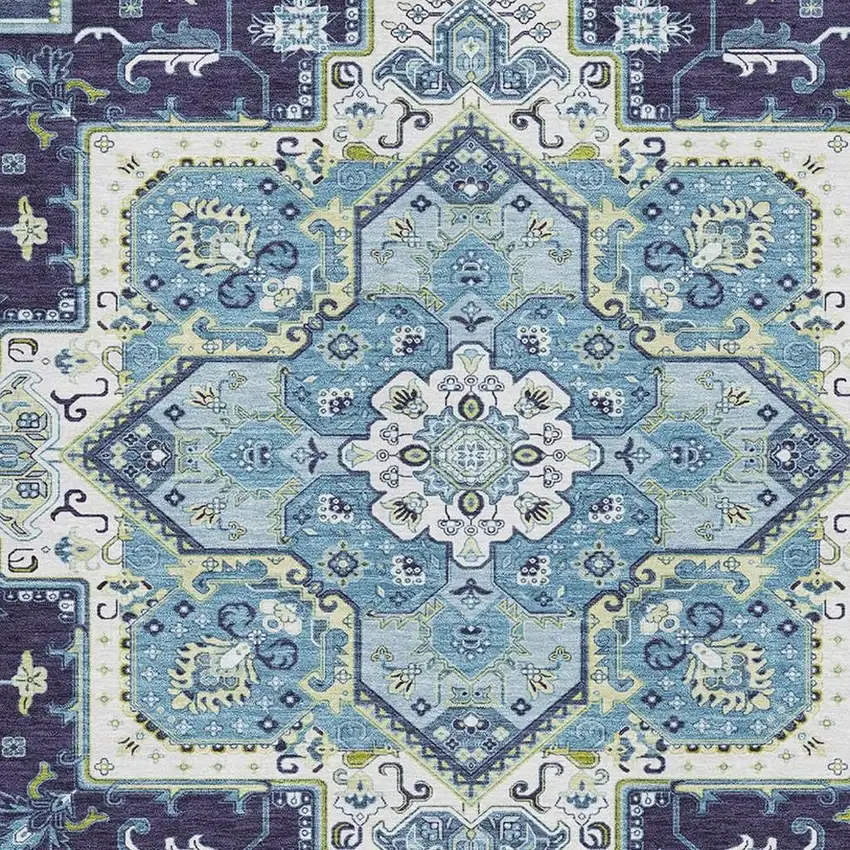 Navy Blue Ivory And Olive Green Oriental Washable Area Rug With UV Protection Photo 2