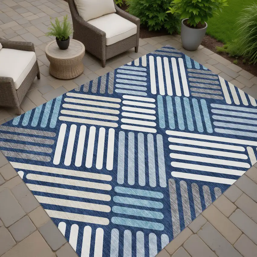 Navy Blue Ivory And Pewter Geometric Washable Indoor Outdoor Area Rug Photo 8