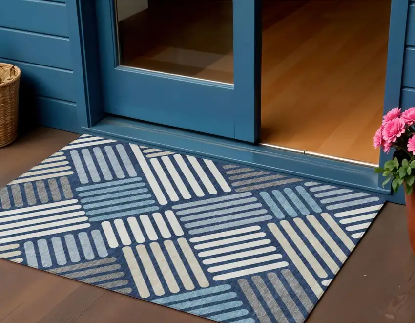 Navy Blue Ivory And Pewter Geometric Washable Indoor Outdoor Area Rug Photo 1