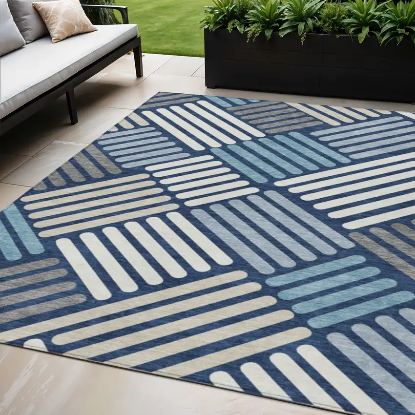 Navy Blue Ivory And Pewter Geometric Washable Indoor Outdoor Area Rug Photo 1