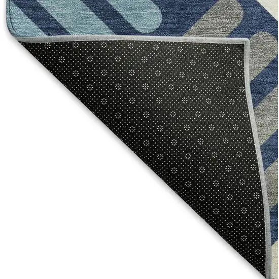 Navy Blue Ivory And Pewter Geometric Washable Indoor Outdoor Area Rug Photo 4