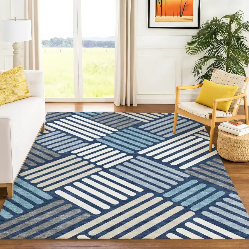 Navy Blue Ivory And Pewter Geometric Washable Indoor Outdoor Area Rug Photo 9