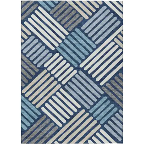 Navy Blue Ivory And Pewter Geometric Washable Indoor Outdoor Area Rug Photo 2