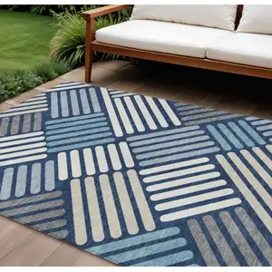 Photo of Navy Blue Ivory And Pewter Geometric Washable Indoor Outdoor Area Rug