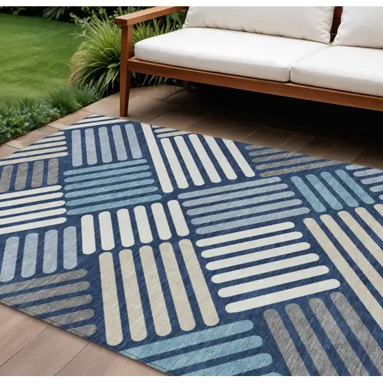 Navy Blue Ivory And Pewter Geometric Washable Indoor Outdoor Area Rug Photo 1