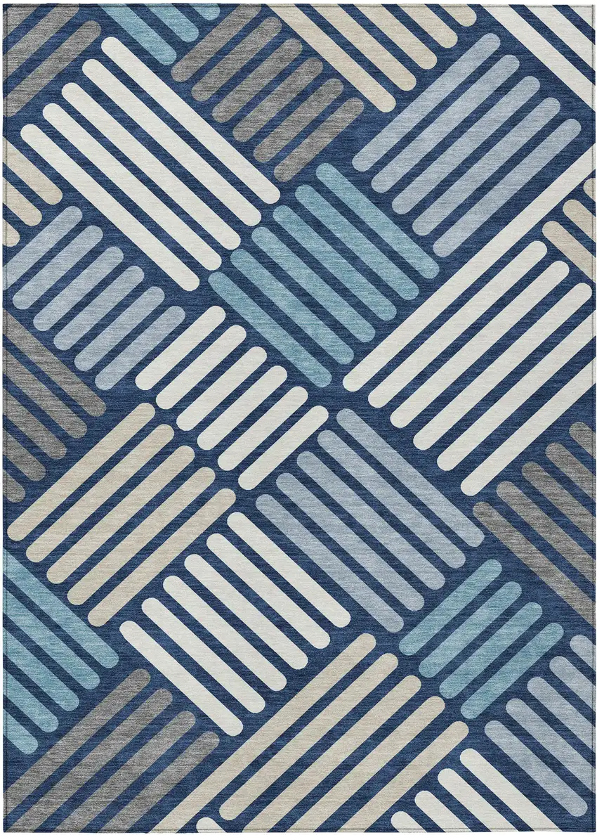 Navy Blue Ivory And Pewter Geometric Washable Indoor Outdoor Area Rug Photo 2