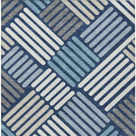 Navy Blue Ivory And Pewter Geometric Washable Indoor Outdoor Area Rug Photo 6