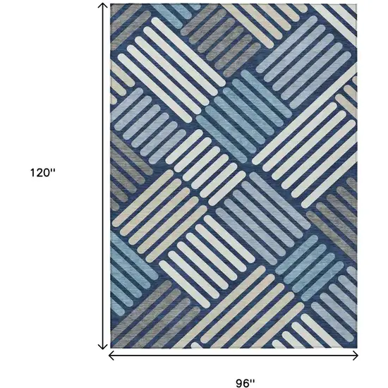 Navy Blue Ivory And Pewter Geometric Washable Indoor Outdoor Area Rug Photo 3