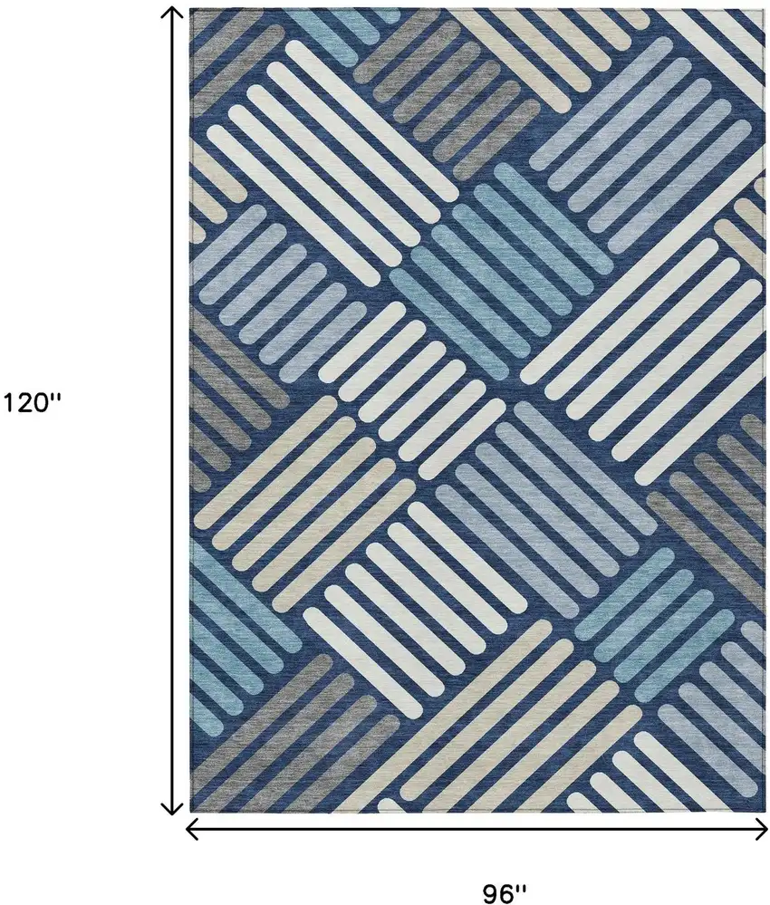 Navy Blue Ivory And Pewter Geometric Washable Indoor Outdoor Area Rug Photo 3