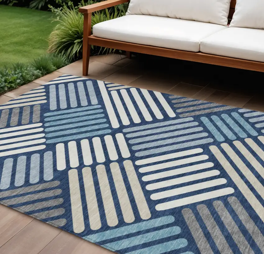 Navy Blue Ivory And Pewter Geometric Washable Indoor Outdoor Area Rug Photo 1