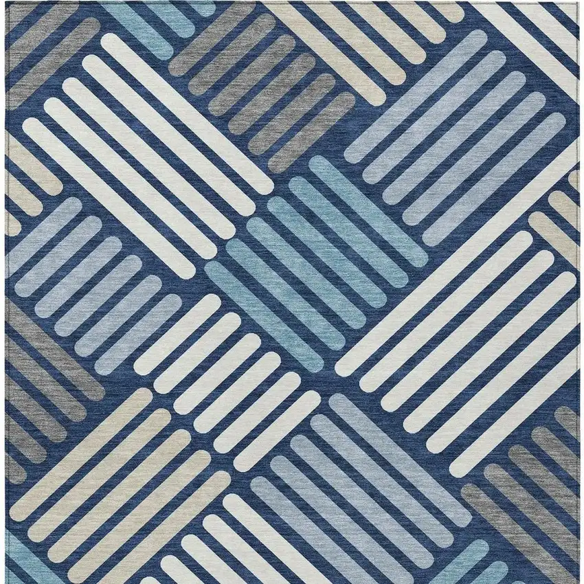 Navy Blue Ivory And Pewter Geometric Washable Indoor Outdoor Area Rug Photo 6