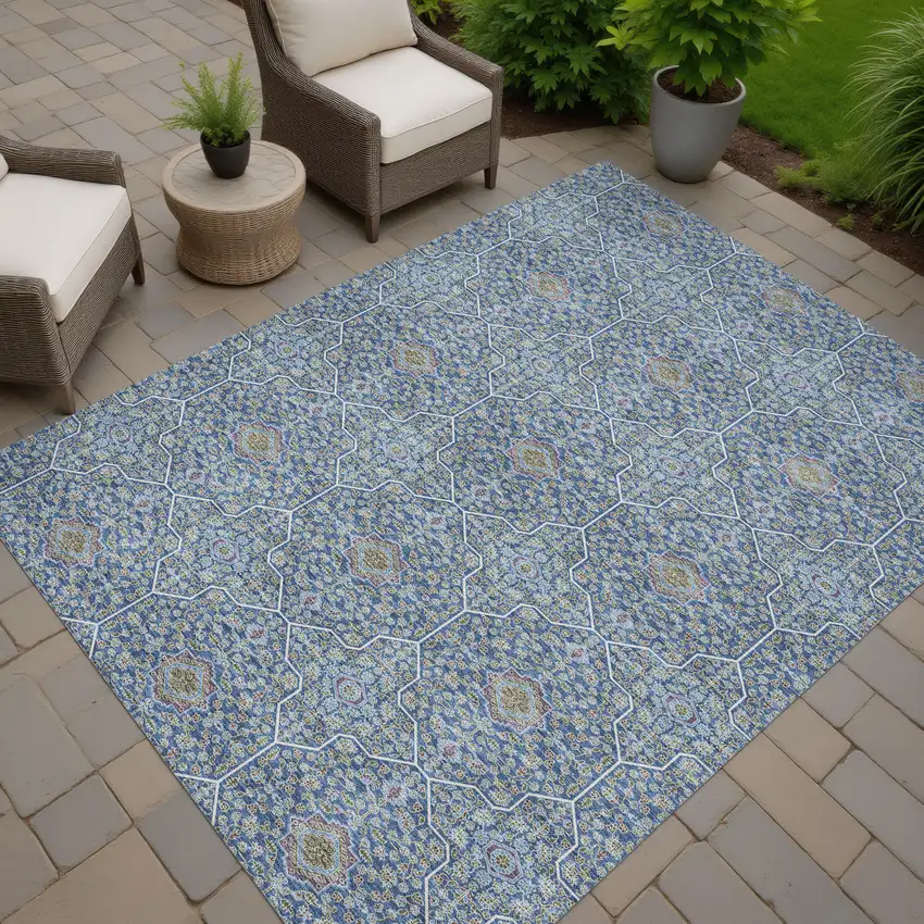 Navy Blue Ivory And Plum Oriental Washable Indoor Outdoor Area Rug Photo 7