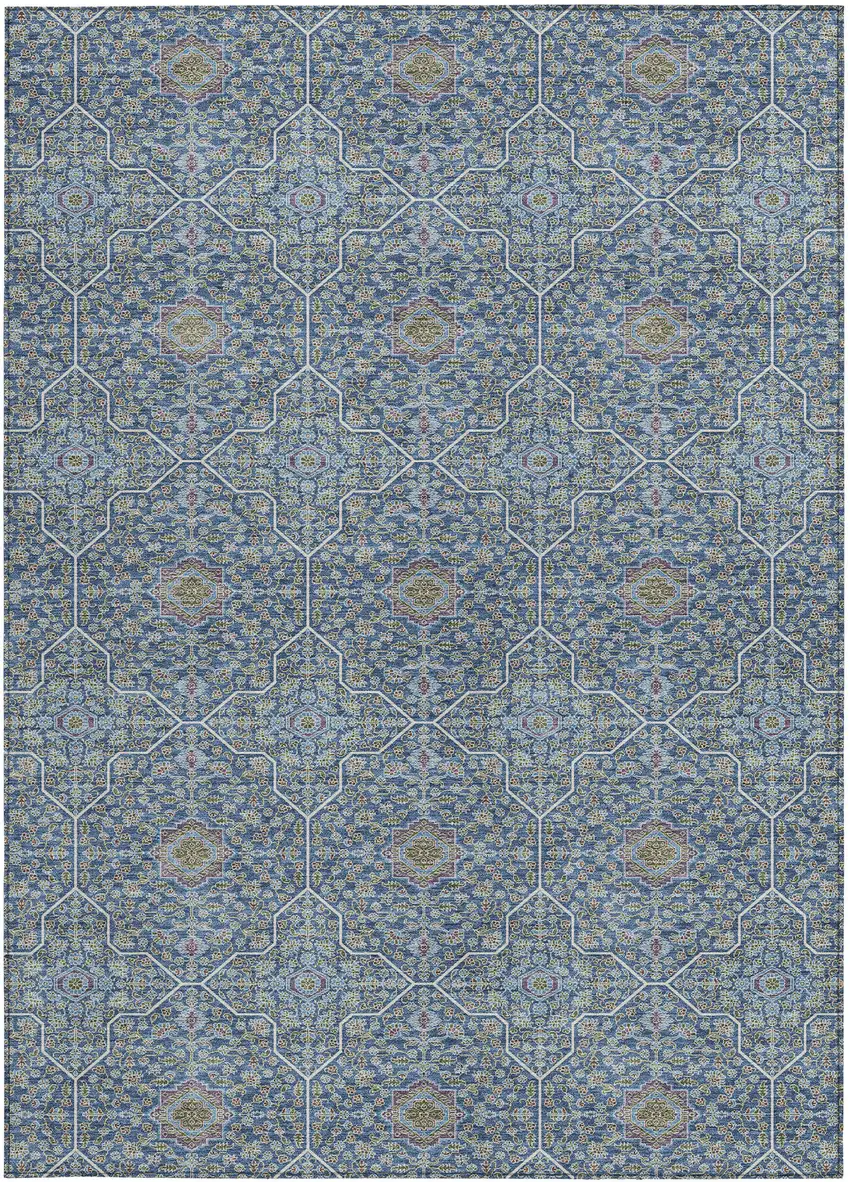 Navy Blue Ivory And Plum Oriental Washable Indoor Outdoor Area Rug Photo 3