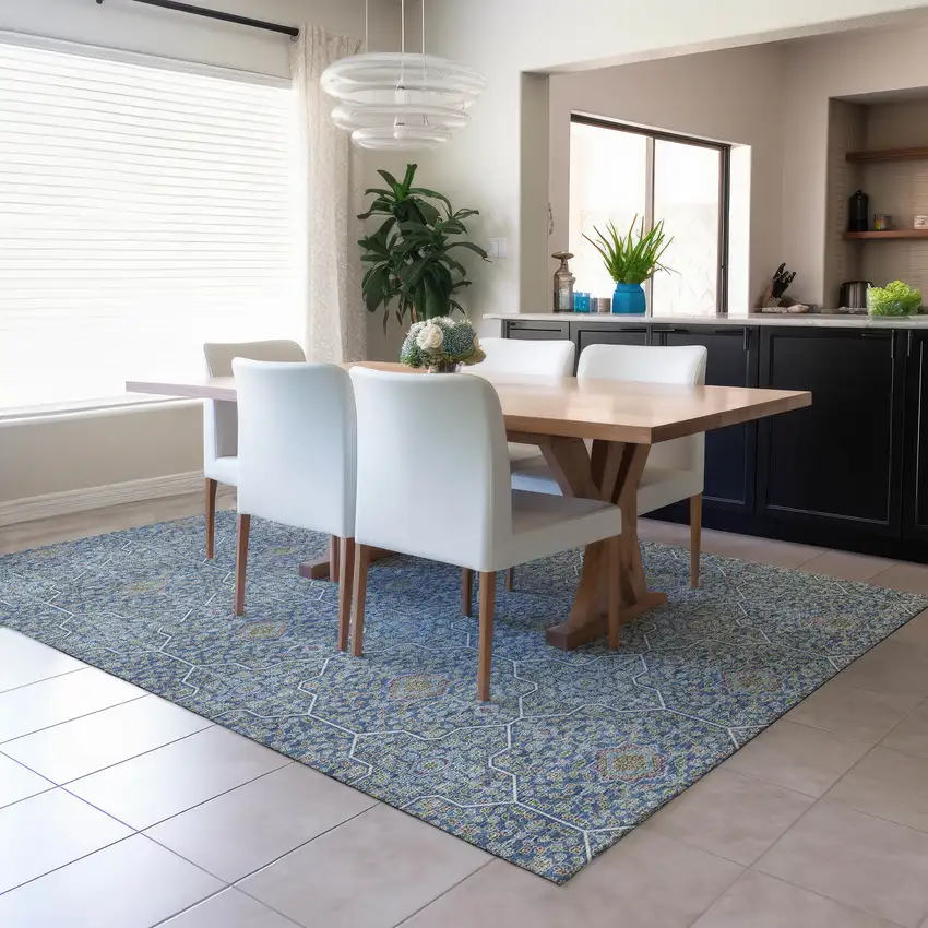 Navy Blue Ivory And Plum Oriental Washable Indoor Outdoor Area Rug Photo 6