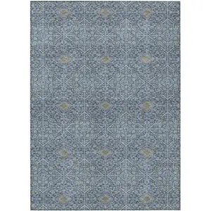 Photo of Navy Blue Ivory And Plum Oriental Washable Indoor Outdoor Area Rug