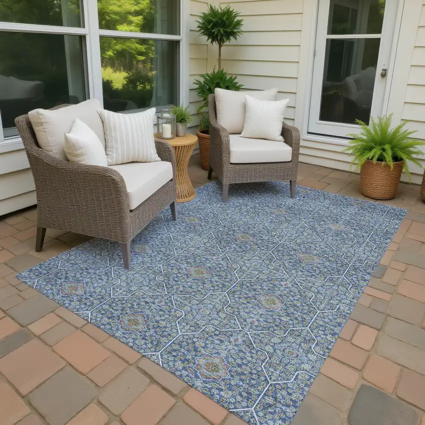 Navy Blue Ivory And Plum Oriental Washable Indoor Outdoor Area Rug Photo 4
